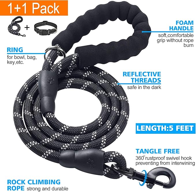 Ladoogo Reflective Dog Collar Padded with Soft Neoprene Breathable Adjustable Nylon Dog Collars for Small Medium Large Dogs (Large (Pack of 1), Black Collar+Leash)