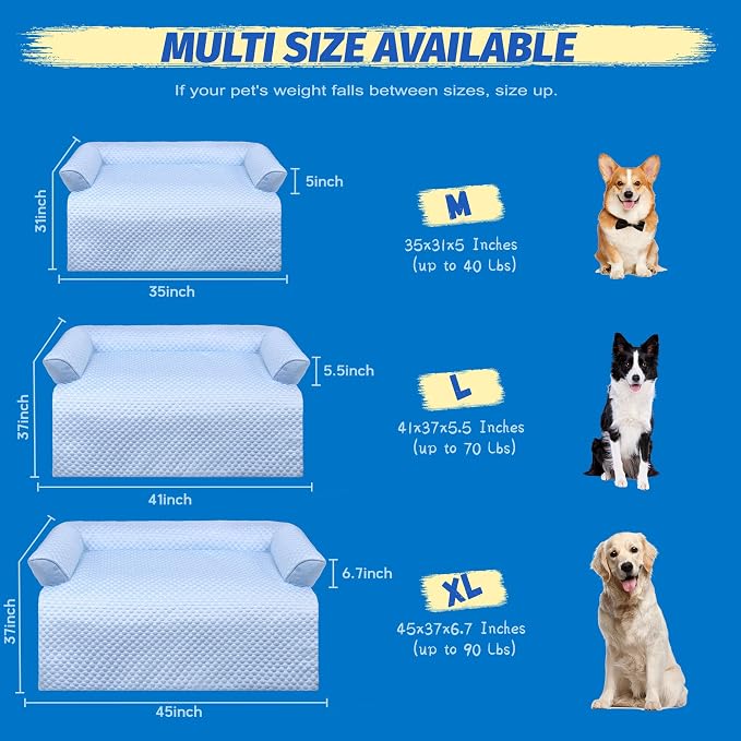 WATANIYA PET Cooling Dog Bed, Washable Cooling Mat for Large Dogs with Removable Cover, Self Cooling Couch Cover for Dog, Non-Slip Dog Couch Bed, 41x37 Inch, Blue