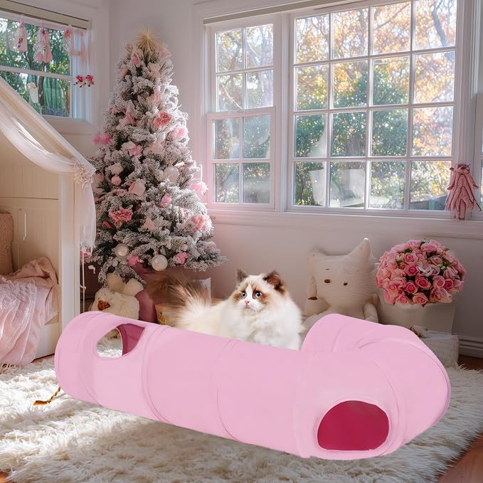 Cat Tunnel, 2-Way Collapsible Cat Tube with Interactive Peek-A-Boo Hole, Toy Ball, and Rope – Ideal for Indoor Cats, Kittens, and Rabbits (Pink)