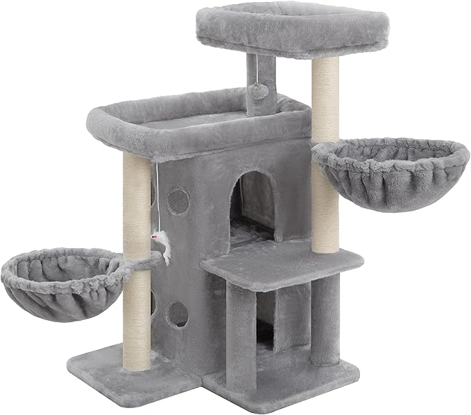 Heybly Cat Tree with Reinforced Big Base, 41.3-Inch Sturdy Cat Tower for Indoor Cats Featuring 2 Roomy Platforms, Double Cat Condo, 2 Cozy Baskets, Full Sisal Scratching Posts, Light Gray HCT075W