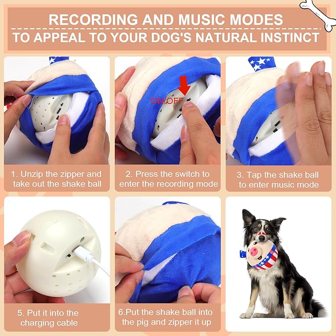 BABORUI Interactive Dog Toys Independence Pig, 4th of July Dog Toys with Recording and Music Modes, Independence Day Dog Toys for Small/Medium/Large Dogs to Keep Them Busy(Independence Pig)