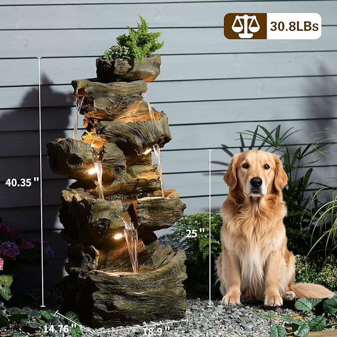 Sunlinua 40" H Outdoor Water Fountain with 5 Tiers Large Cascading Realistic Tree Trunk Waterfall Fountains with LED Lights Outdoor Water Fountain for Garden Patio Backyard Porch Home Decor