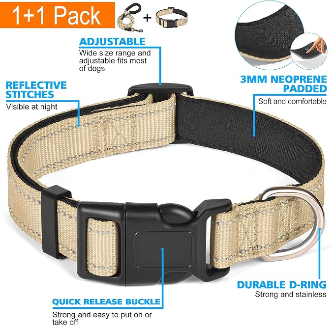 Ladoogo Reflective Dog Collar Padded with Soft Neoprene Breathable Adjustable Nylon Dog Collars for Small Medium Large Dogs (Medium (Pack of 1), Vanilla Collar+Leash)