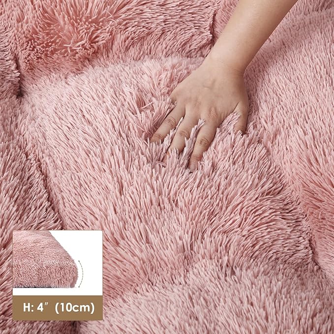 EHEYCIGA Fluffy Dog Bed, Plush Faux Fur Crate Pad, Calming Anti Anxiety Small Dog Bed, Washable Soft Warm Crate Mat with Non-Slip Bottom, Pink