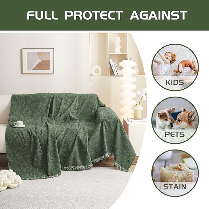 MEETSKY Couch Cover Washable for Dogs Sectional Couch Covers Chenille Sofa Covers Living Room Pet Couch Protector Sofa Slipcovers for Pets,Kids, 71"x 102", Moss Green