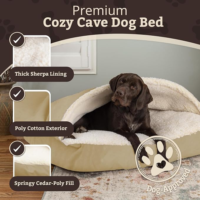 Snoozer Rectangle Cozy Cave Dog Bed - Indoor Dog Bed with Cover Cave, Covered Calming Burrow for Small Sized Pets with Blanket Attached, Enclosed, Washable Cover - Small, Khaki