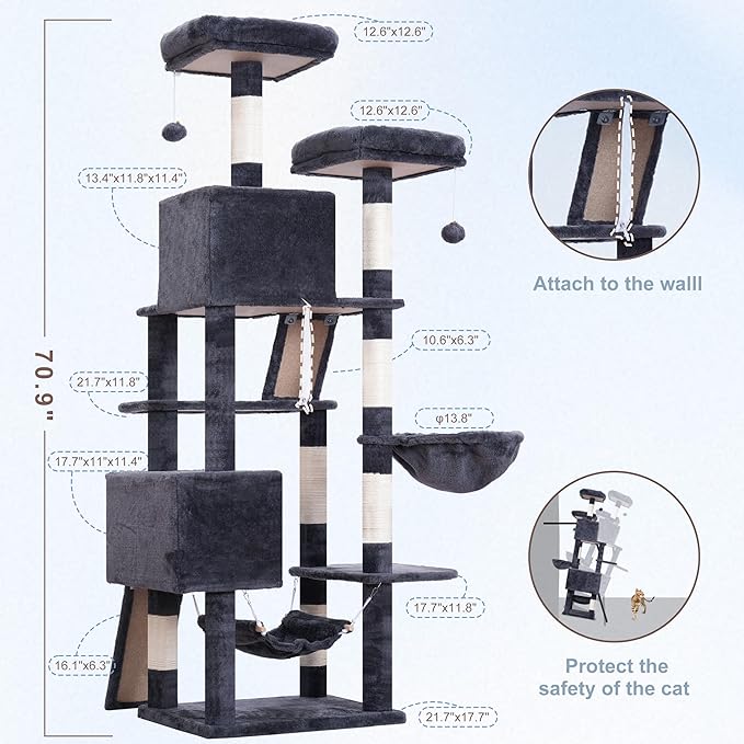 Gitelsnour Cat Tree for Indoor Cats, 71'' (180cm) Multi-Level Cat Tower for Large Adult, Sturdy Cat Tree House with 2 Scratching Boards 7 Posts, 2 Plush Perches/Condos, Hammock, Smoky Gray GCT032G