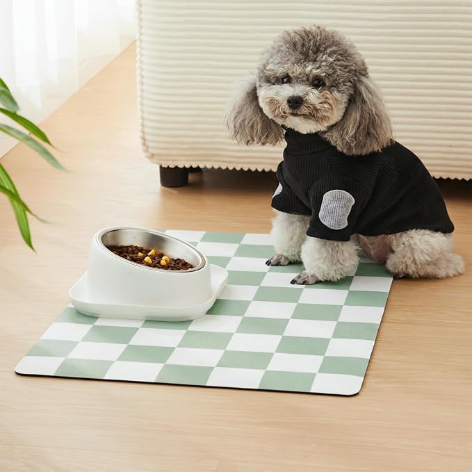 Checkered Dog Feeding Mat, Absorbent Mats for Dog Food and Water Bowl, Dispenser, Modern Aesthetic Sage Green Checkerboard Pet Placemat for Dogs, Cats, Puppy, 16" X24”