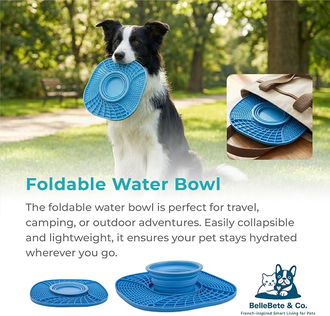 BelleBête & Co. 3-in-1 Pet Slow Feeder Bowl Lick Mat with Collapsible Bowl for Dog & Cat – Food-Grade Material & Non-Slip Base for Kibble, Dry and Wet Food, Digestive Health & Reduce Anxiety | Pink