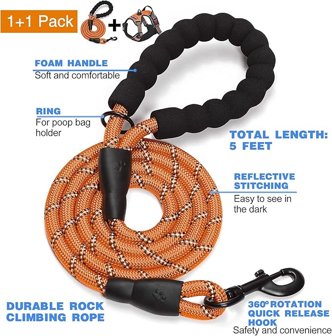 tobeDRI No Pull Dog Harness Adjustable Reflective Oxford Easy Control Medium Large Dog Harness with A Free Heavy Duty 5ft Dog Leash