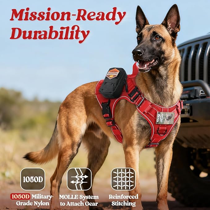 rabbitgoo Tactical Dog Harness Medium Sized, No Pull Upgraded Reflective Heavy Duty Molle Vest with Handle, Adjustable Military Service Dog Vest for Walking Hiking Training, Red, M