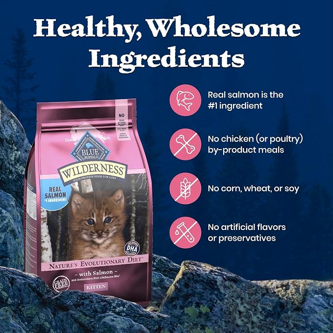 Blue Buffalo Wilderness High-Protein & Grain-Free Dry Food for Kittens, Natural Ingredients with DHA for Cognitive Development, Salmon Recipe, 5lb Bag