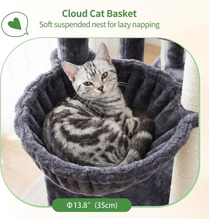 Heybly Cat Tree, 59.4" Secure Anti-Tip Cat Tower for Large Cats, Spacious Cat Furniture with Dual-Tier Cat Condo, 2 Top Perches, Hammock and Sisal Scratching Posts, Smoky Gray HCT055G