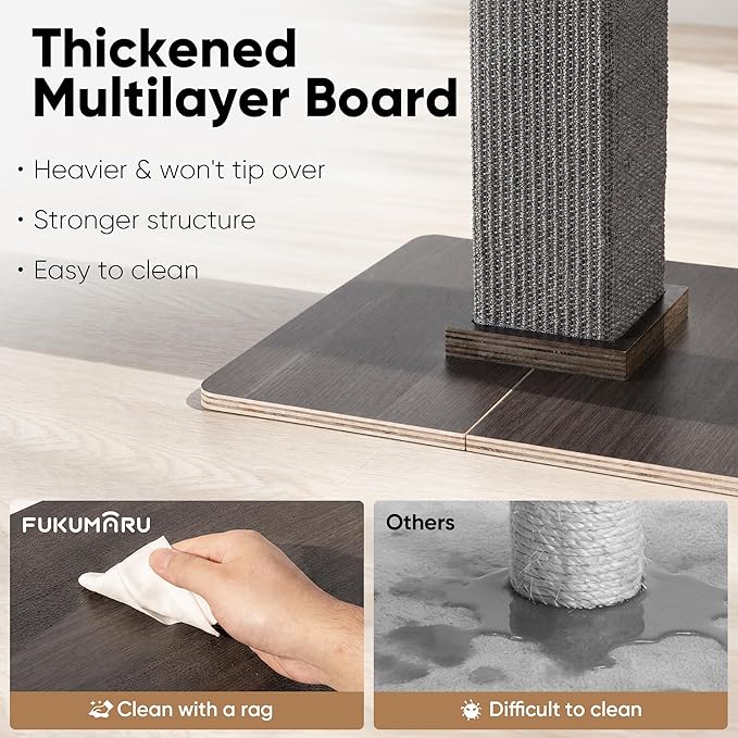 FUKUMARU Cat Scratching Post, Modern Style Tall Scratch Posts with Perch for Indoor Cats Adults, Large Cat Scratcher Tower with Bed, Small Tree with Raised Stand, Natural Sisal & Solid Wood