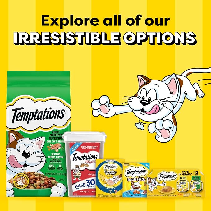 Temptations Bites in Gravy Adult Wet Cat Food Tasty Chicken Entree, Seafood Medley, Backyard Cookout, and Catnip Fever, 3.5 oz. Trays (36 Count, Pack of 1)