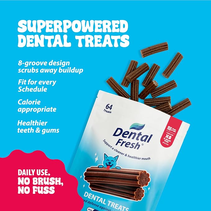 Dental Fresh Dental Treats for XS Dogs, Vet-Formulated Teeth Cleaning Dental Sticks to Help Reduce Plaque and Tartar and Freshen Breath, 64 Count Brush Free Dental Chews for Dogs up to 10 lbs