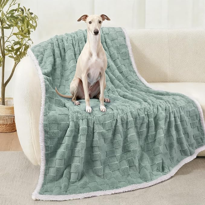 Luciphia Waterproof Dog Blanket, Leakproof Large Pet Blanket for Couch Sofa Bed Furniture Cover Protector, Washable Soft Sherpa Fleece with 3D Jacquard, Cozy Calming Reversible, Sage Green, 65"x57"