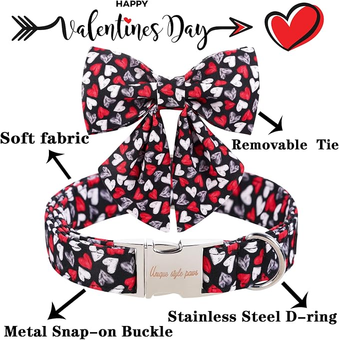 Unique style paws Valentine's Day Dog Collar with Tie Black & Red Heart Puppy Collar Best Gothic Style Gift for Small Medium Large Boys Girls-XL