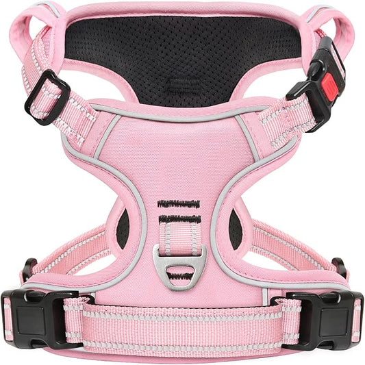 Timos Dog Harness Large Sized, No Pull Pet Harness with Neck Lockable Snap,No Choke Front Clip Dog Reflective Vest,Adjustable Metal Rings 3 Buckles,Easy Control Handle for Large Dogs Pink L