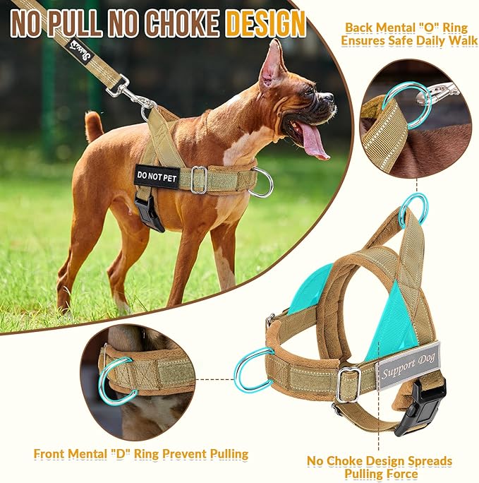Lukovee No Pull Dog Harness and Leash Set - Adjustable Soft Padded Vest with Front Clip for Easy Control, Reflective Durable Harness for Safe Daily Training Walking for Medium Large Dogs (L, Tan)