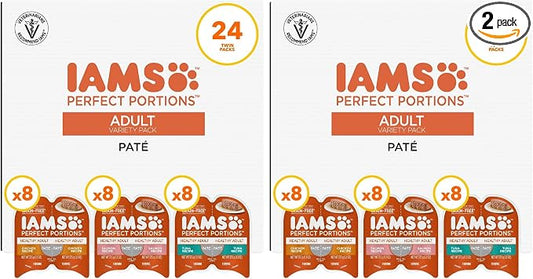 IAMS Perfect Portions Sensitive Digestion & Skin Wet Cat Food Pate, Healthy Adult Grain Free Pate, Chicken and Salmon Recipes, (24) 2.6 oz. Variety Twin-Pack Trays (Pack of 2)