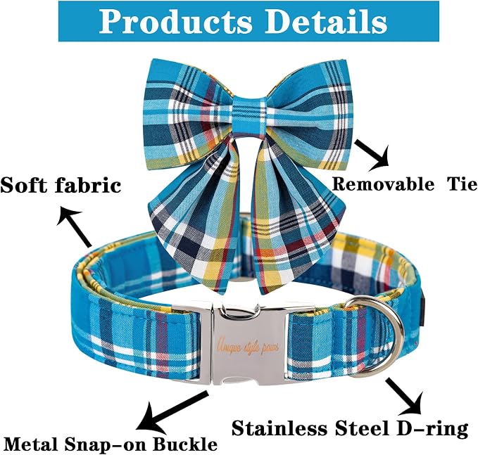 Unique style paws Blue Plaid Dog Collar with Bow Cute Puppy Collar for Small Medium Large Dogs as Autumn Winter Pet Gifts-XL