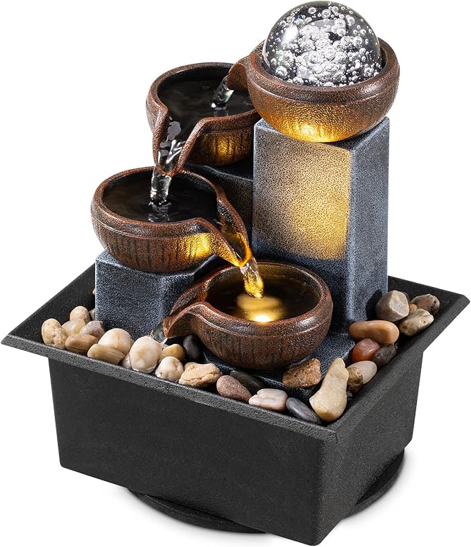 Tabletop Fountain 4 Level Tabletop Waterfall Indoor Meditation Fountain Office Home Relax Desktop Waterfall Includes Many Natural River Rocks LED Lights Bubble Ball Great Choice as Festival Gifts