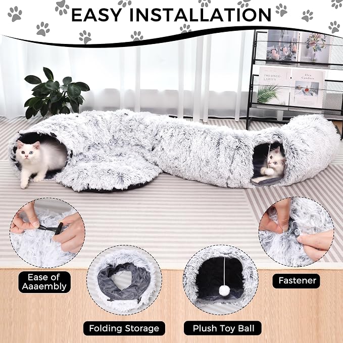 Plush Cat Tunnel with Cat Bed for Indoor Cats, Multifunctional Cat Donut Tunnel for Small Medium Large Cats Kitten Rabbit Puppies (Grey)