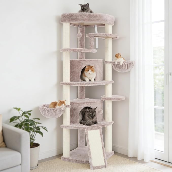 Gitelsnour Corner Cat Tree for Indoor Cats, Cat Tower with All Sisal Scratching Posts, Multi-Level Cat Condo wth 2 Large Cat Caves, Big Top Perch, 2 Hanging Baskets, Sisal Ramp, Mushroom GCT035MU