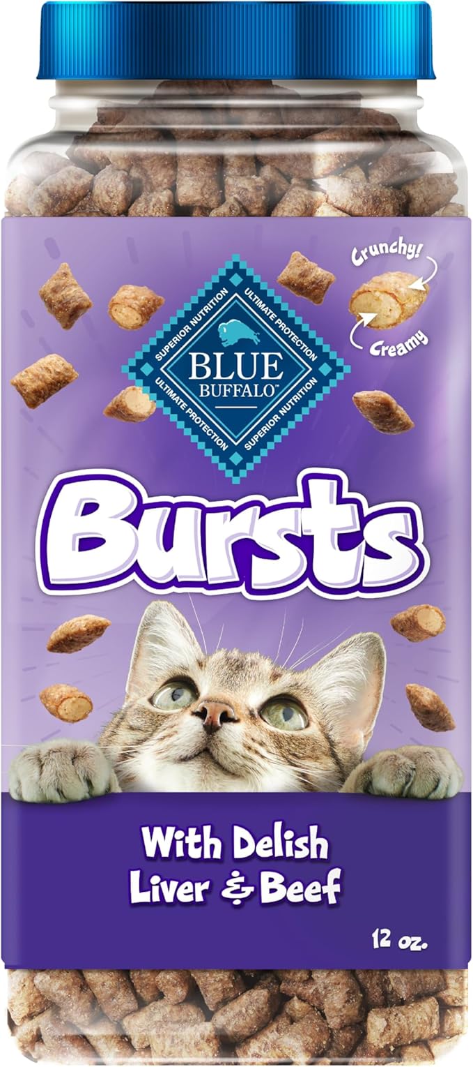 Blue Buffalo Bursts Delish Liver & Beef Crunchy & Creamy Cat Treats, Great for Training, Real Chicken Liver Natural Cat Treats Enhanced with Vitamins, Minerals & Other Nutrients, Tub 12 oz.