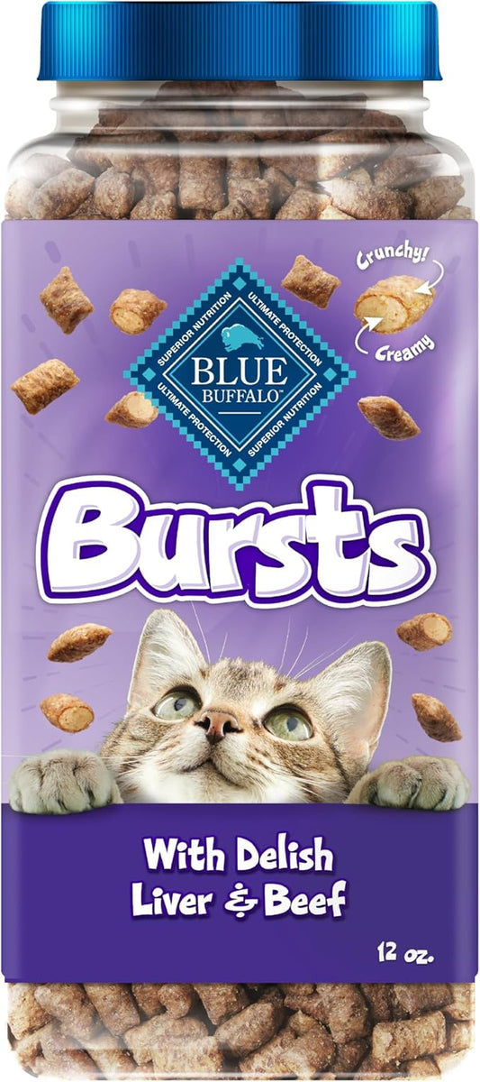 Blue Buffalo Bursts Delish Liver & Beef Crunchy & Creamy Cat Treats, Great for Training, Real Chicken Liver Natural Cat Treats Enhanced with Vitamins, Minerals & Other Nutrients, Tub 12 oz.