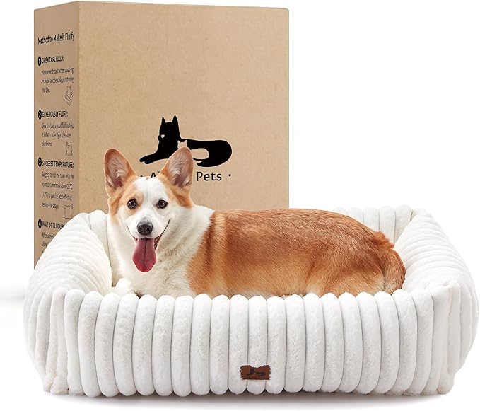 Dog Beds Large Sized Dog,Rectangle Orthopedic Pet Bed for Large Dog, Comfort Fluffy Memory Foam Dog Beds with Anti-Slip Bottom,Cream(35x25x9inchs)