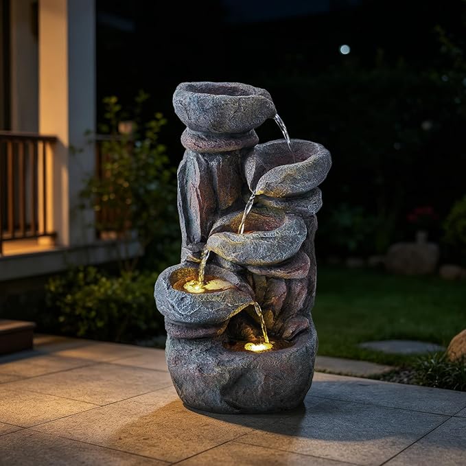 Solarbloom 19.9" H Water Fountain Outdoor/Indoor, Garden Fountain, 5-Tiers Cascading Stacked Stone Bowl Waterfall Fountain with LED Lights for Patio Yard Deck Decor