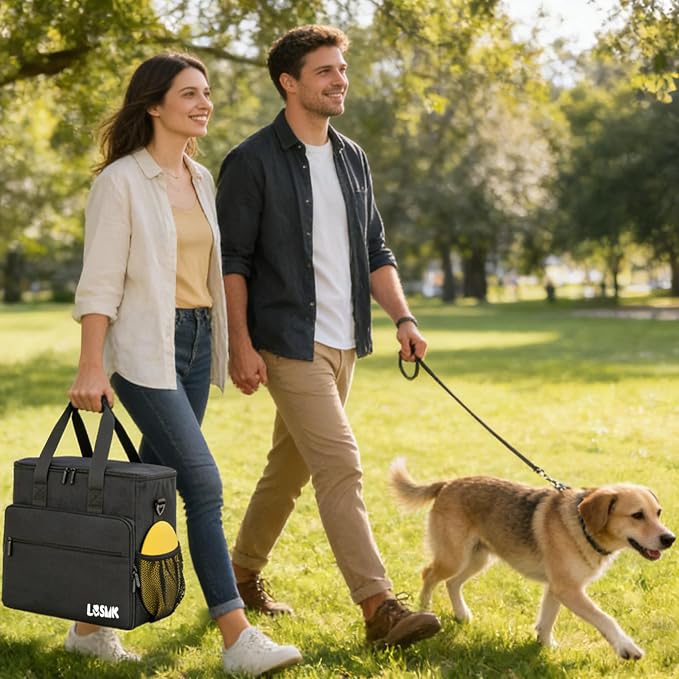 Dog Travel Bag, Large Pet Travel Set with Multi-Function Pockets, 2 Food Storage Containers, 2 Collapsible Bowls, 1 Feeding Mat for Pet Supplies, Road Trip Essentials, Weekend Camping (Black)