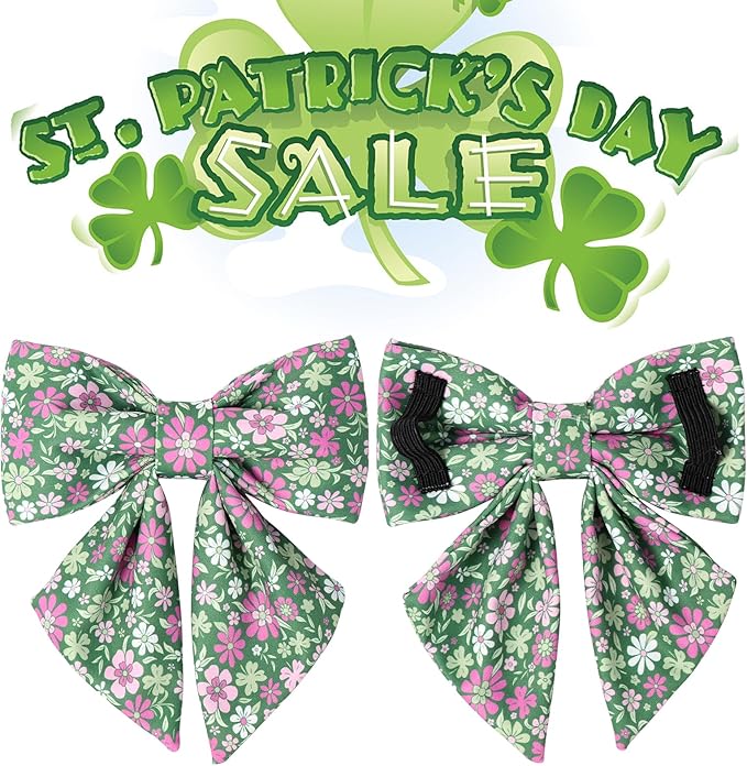 St. Patrick's Day Dog Collar with Bow Tie, Lucky Shamrock Bowtie Collar Adjustable for Girl Boy Dog, Trefoil Dog Collar Durable, Spring Green Collar for Dogs, S