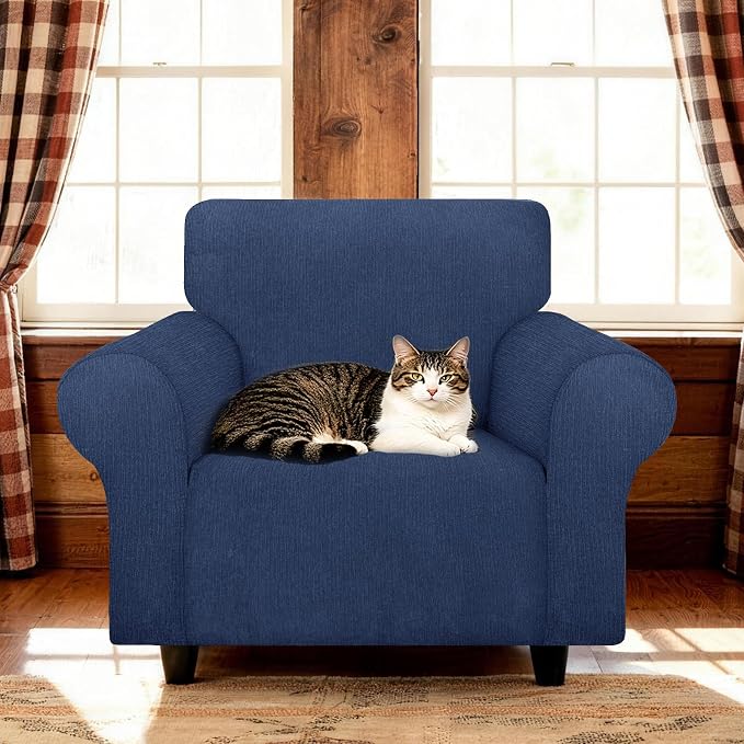 Waterproof Stretch Spandex Chair Sofa Slipcover - Non-Slip Soft Couch Cover with Elastic Bottom, Washable Leakproof Furniture Protector for Kids, Pets, Dogs & Cats (Chair, Navy)