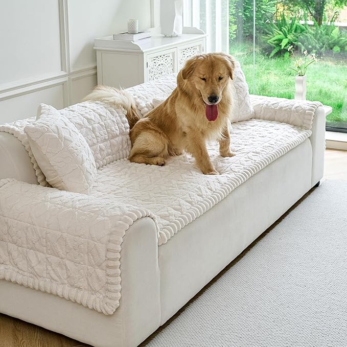 Fuzzy Couch Covers for Dogs, Non Slip Thick Dog Couch Cover Protector, Plush Pet Couch Covers for Sofa Washable, Soft Sofa Cushion Slipcovers Pet Friendly(1PC, Beige White, 27.6”x70.9”)