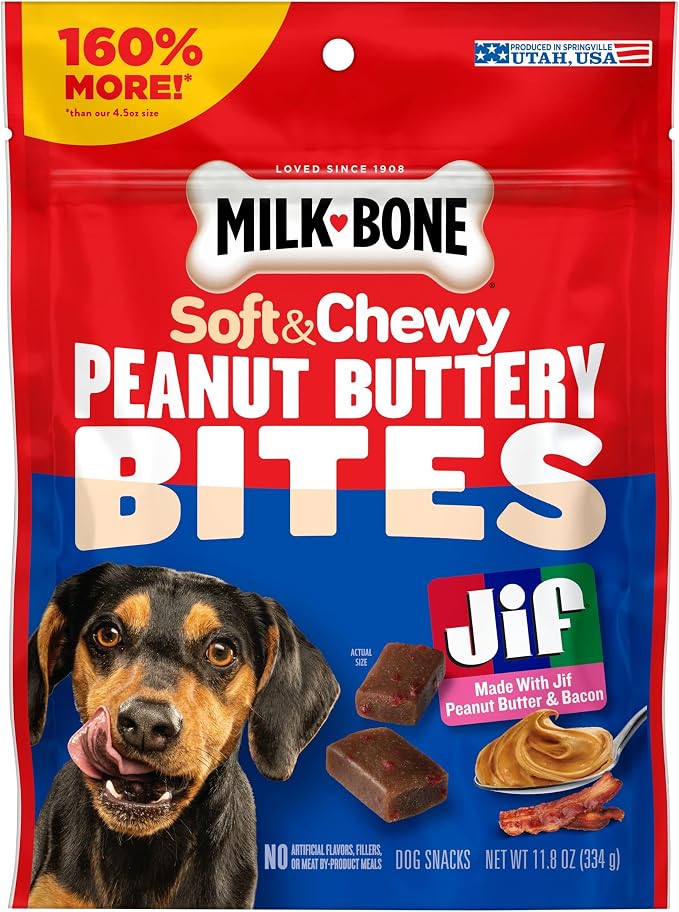 Milk-Bone Peanut Buttery Bites Soft Dog Treats with Jif Peanut Butter, 11.8-Oz. Bag