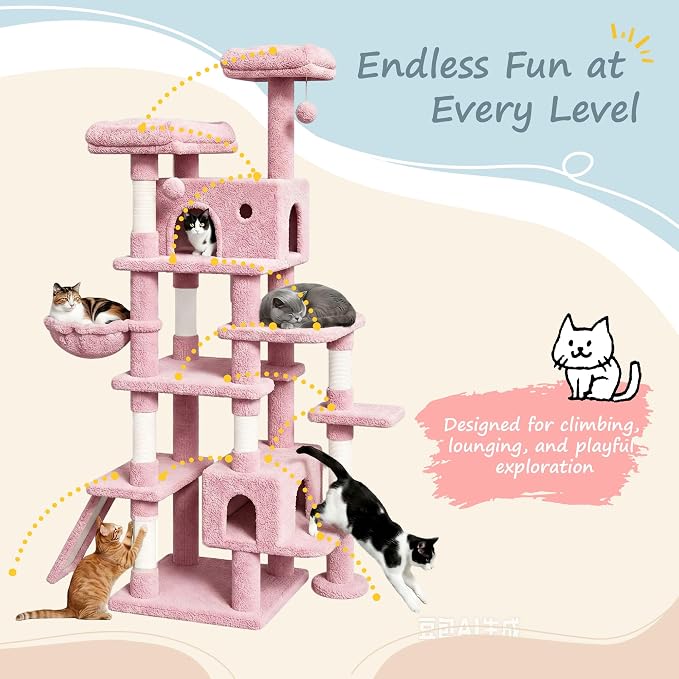 SHA CERLIN 82 inch, Multi-Level Cat Tree Tower for Indoor Cats, Cat Condo with Sisal Scratching Posts, Plush Perches, Hammocks, Toy Balls, Pink