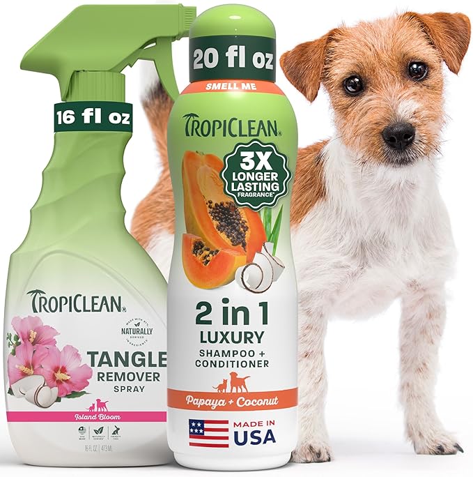 TropiClean 2-in-1 Dog Shampoo and Conditioner & Dog Detangler Spray Dematting, Grooming Bundle, Puppy Safe, Made in USA
