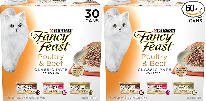 Fancy Feast Poultry and Beef Feast Classic Pate Collection Grain Free Wet Cat Food Variety Pack - 3 oz. Cans,(Pack of 60)