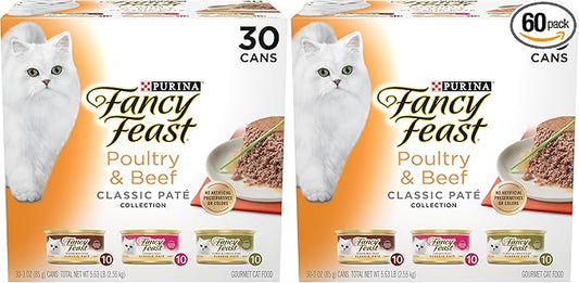 Fancy Feast Poultry and Beef Feast Classic Pate Collection Grain Free Wet Cat Food Variety Pack - 3 oz. Cans,(Pack of 60)