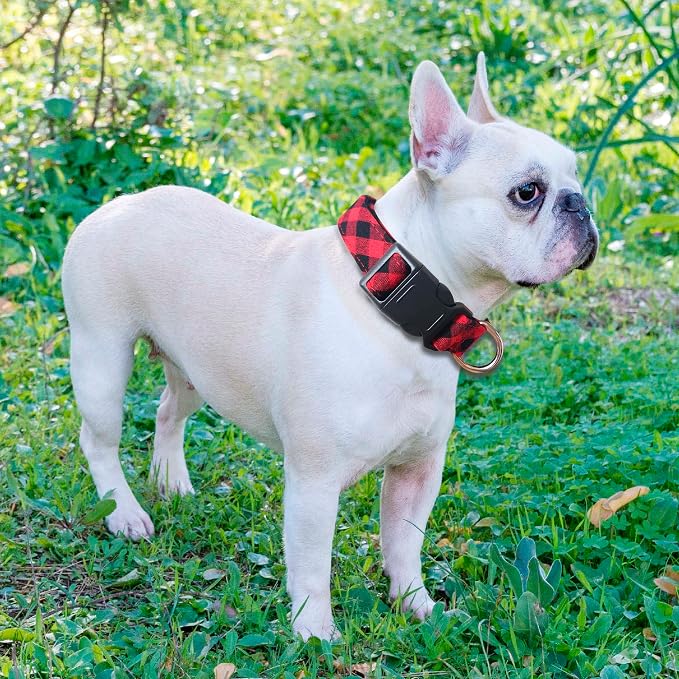 Ladoogo Reflective Dog Collar Padded with Soft Neoprene Breathable Adjustable Nylon Dog Collars for Small Medium Large Dogs (Small (Pack of 1), Red Plaid Collar+Leash)