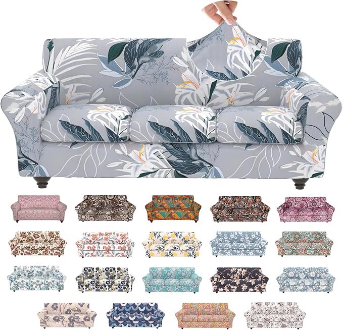 Stretch Couch Covers for 3 Separate Cushion Couch Sofa,Floral Printed Couch Sofa Cover,Washable Sofa Slipcover,Pet Friendly Furniture Protector with Elastic Bottom,Universal Fit for Home(Sofa,Cover)
