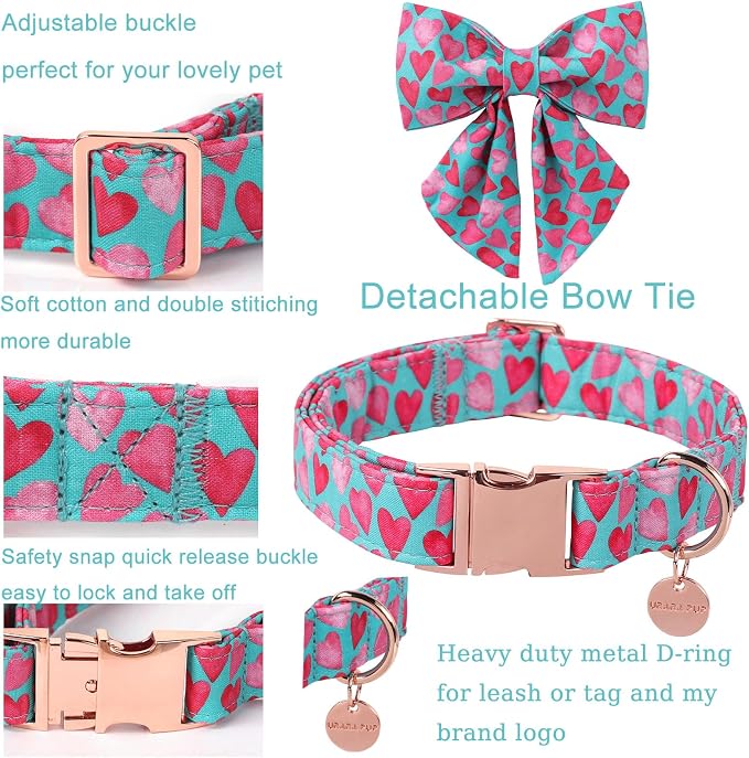 Valentine’s Day Dog Collar with Bow Tie, Pink Heart Bowtie Collar with Metal Buckle, Valentine’s Day Gift Pet Collar for Puppy Girl Boy Dog or Cat, Wedding Dog Collar, L, Neck 16-24in