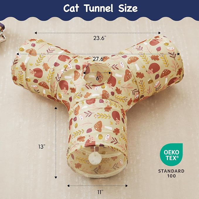 Tempcore Cat Tunnel for Indoor Cats, 3 Way Collapsible Pet Play Tunnel with Teaser Wand, Peek Holes & Hanging Ball, Interactive Tube for Kittens & Rabbits, Khaki Hedgehog