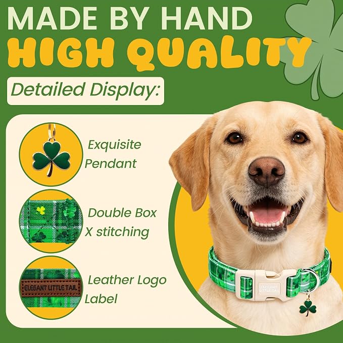 Elegant little tail St Patrick's Dog Collar - Green Plaid Cute Clover Cotton Shamrock Pet Collar Trefoil Adjustable Cotton Pet Collar with Quick Release Buckle for X-Small Dogs