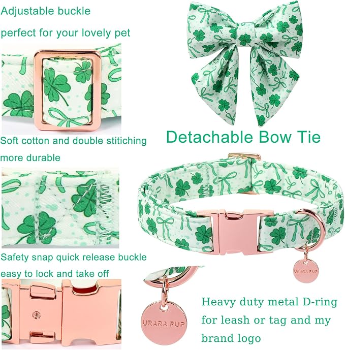 St. Patrick's Day Dog Collar with Bow Tie, Cotton St. Patrick's Day Bowtie Collar for Girl Boy Dog, Lucky Shamrock Dog Collar with Metal Buckle, Spring, L
