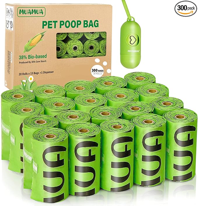 Biodegradable Dog Poop Bags 300 Count, 20 Rolls, Recyclable Waste with Dispenser, Large 9 x 13 Inches, Extra Thick, Leak Proof for Dogs and Cats