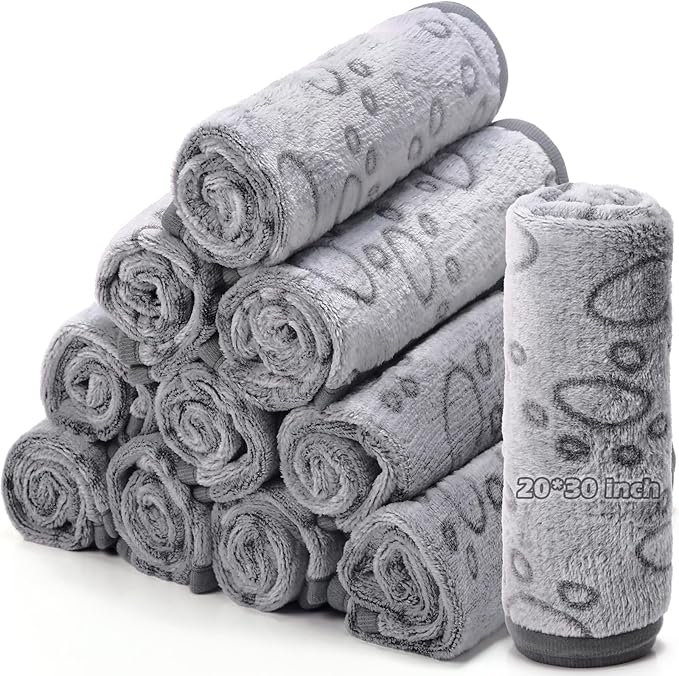 Tegeme 12 Pcs Pet Blankets 30 x 20 Inch Soft Fluffy Fleece Dog Cat Warm Paw Print Pattern Blankets Flannel Throw for Pets Dog Puppy Cat(Gray)